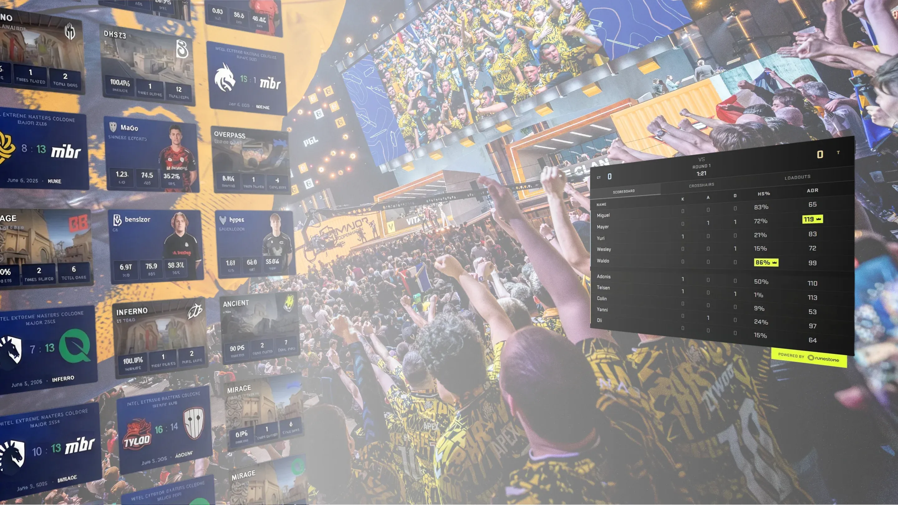Runestone broadcast overlays and live match data above an esports tournament crowd